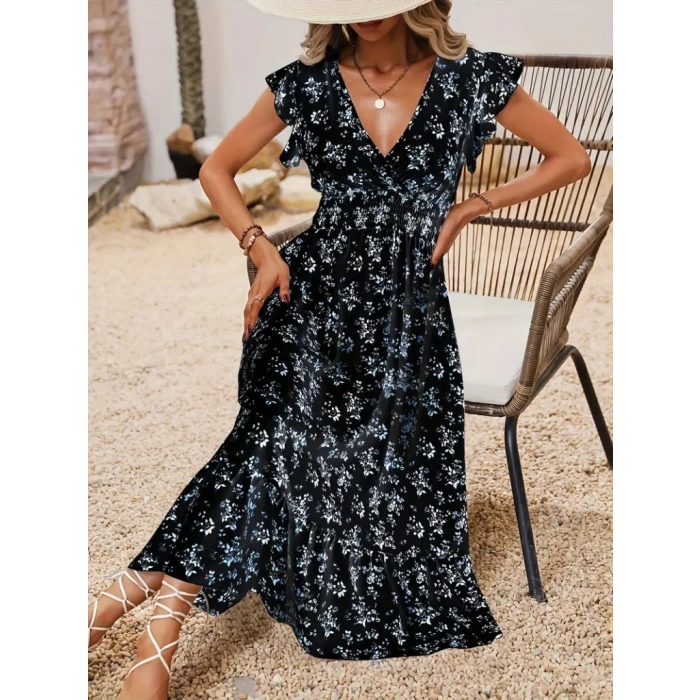 Kadın Kısa Kollu Kruvaze Yakalı Beli Lastikli çiçek Desenli Elbise