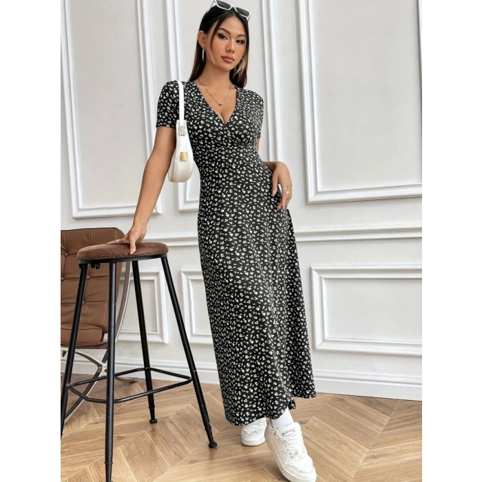 Kadın Kısa Kollu Kruvaze Yakalı çiçek Desenli Süprem Elbise