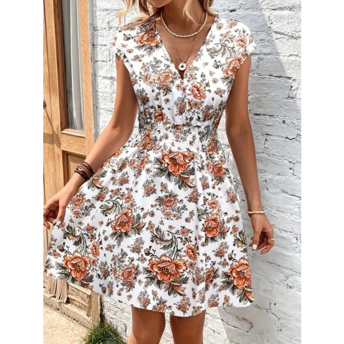 Kadın Kısa Kollu Kruvaze Yakalı çiçekli Desenli Süprem Elbise