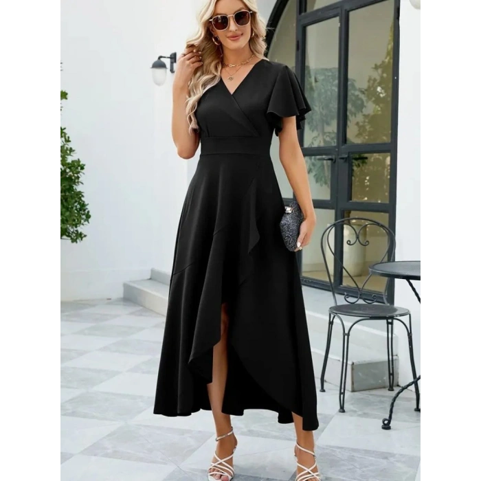 Kadın Kısa Kollu Kruvaze Yakalı önden Volanlı çapraz Kesim Detaylı Maksi Boy Ithal Krep Elbise