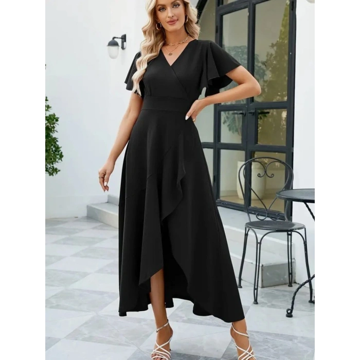 Kadın Kısa Kollu Kruvaze Yakalı önden Volanlı çapraz Kesim Detaylı Maksi Boy Ithal Krep Elbise