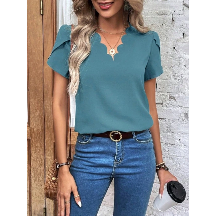 Kadın Kısa Kollu Lazer V Yakalı Ithal Krep Bluz