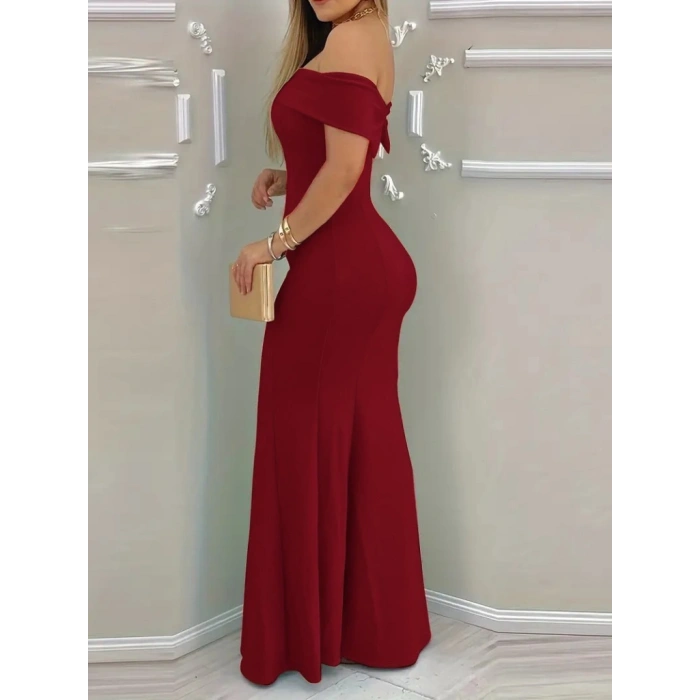 Kadın Kısa Kollu Madonna Yaka Belden Oturtmalı Uzun Ithal Krep Elbise