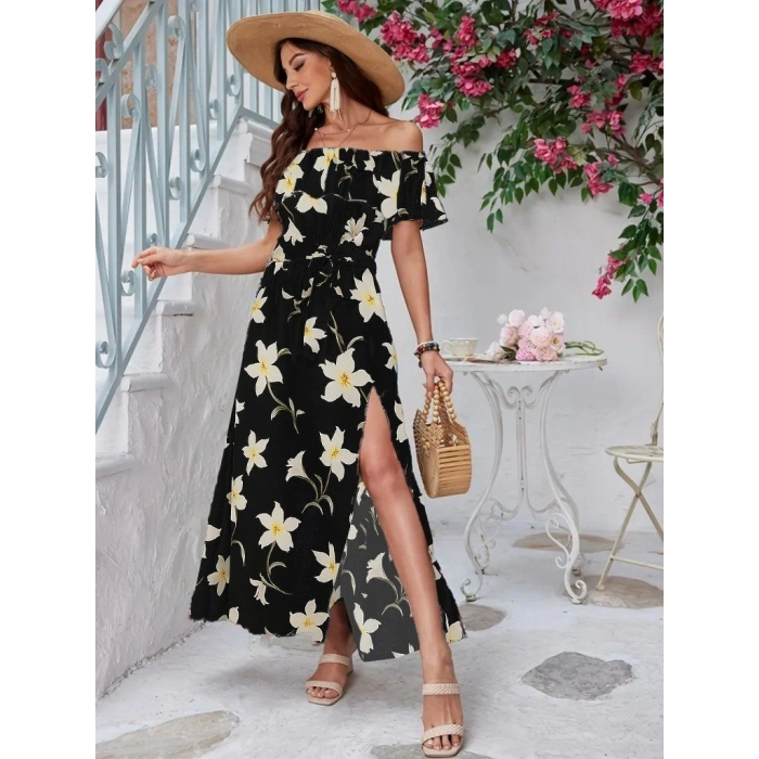 Kadın Kısa Kollu Madonna Yaka Fırfırlı Belden Yırtmaçlı Maksi örme Krep Elbise