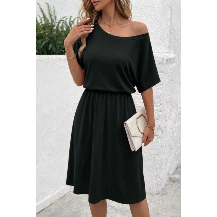 Kadın Kısa Kollu Omuzdan Açık Kiloş Midi Viskon Elbise