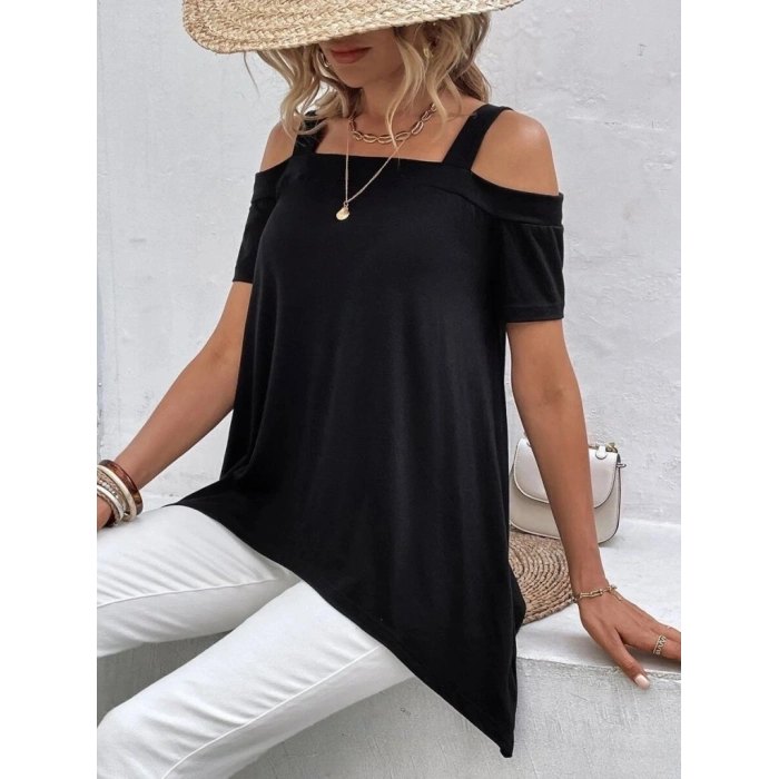 Kadın Kısa Kollu Omuzlardan Açık Askılı Asimetrik Kesim Viskon Bluz