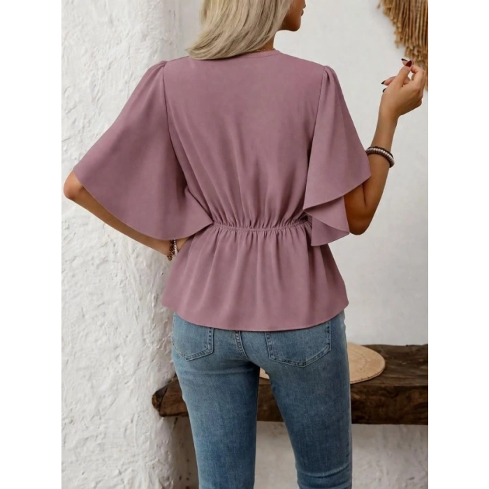 Kadın Kısa Kollu önden Düğmeli Ithal Krep Bluz