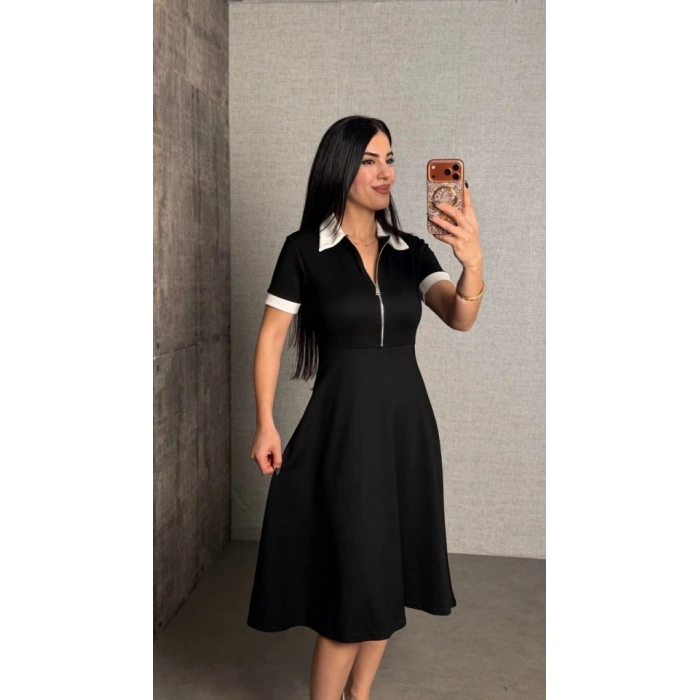Kadın Kısa Kollu Ribana Ve Fermuar Detay Midi Boy Elbise