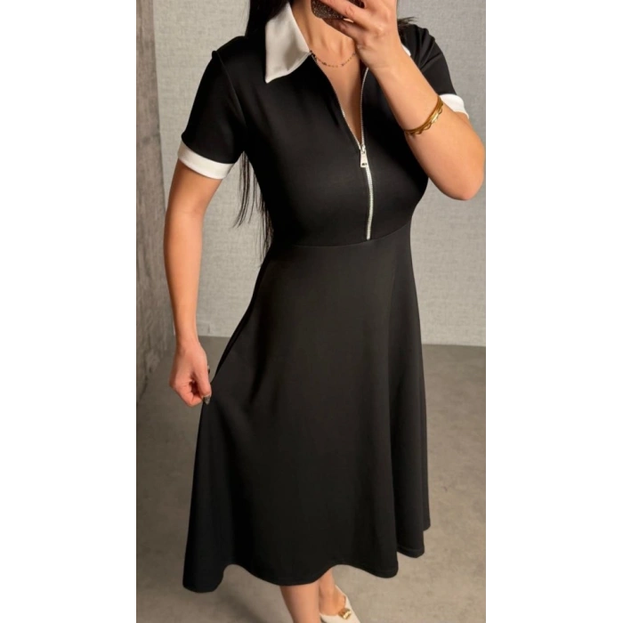 Kadın Kısa Kollu Ribana Ve Fermuar Detay Midi Boy Elbise