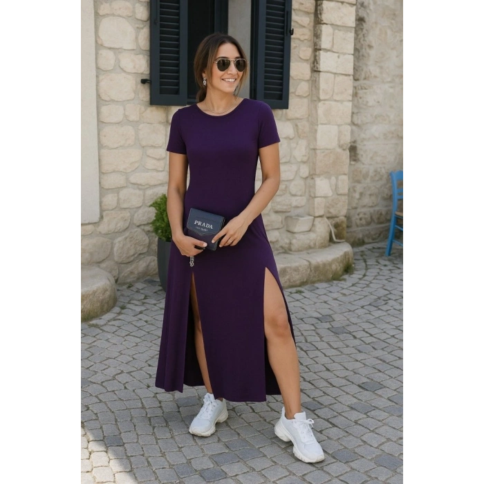 Kadın Kısa Kollu Sırt Dekolteli Yırtmaç Detaylı Viskon Elbise