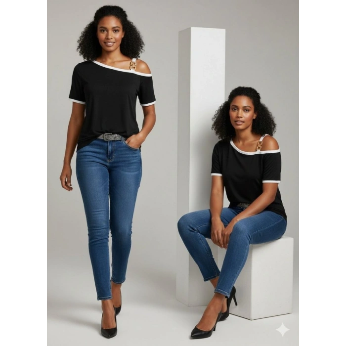 Kadın Kısa Kollu Tek Omuzu Açık Askı Toka Detaylı Viskon Bluz