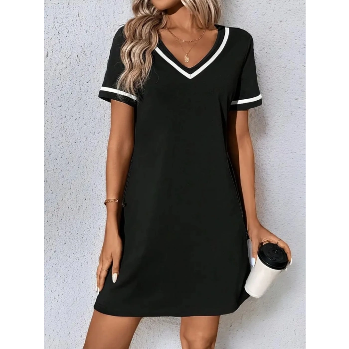 Kadın Kısa Kollu V çizgili Yakalı Kısa Viskon Elbise