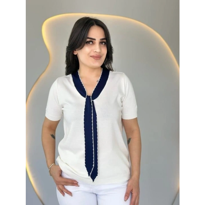 Kadın Kısa Kollu V Yaka Fular Detay Merserize Triko Bbluz