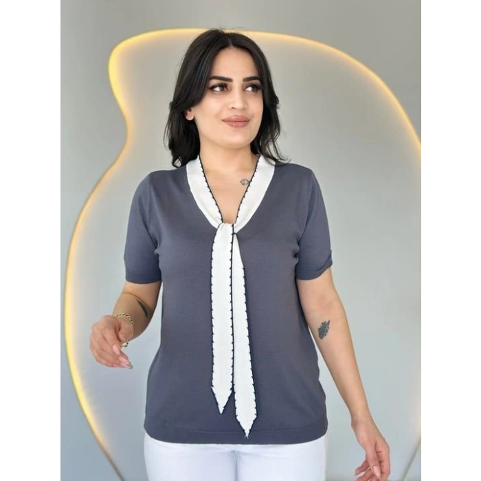 Kadın Kısa Kollu V Yaka Fular Detay Merserize Triko Bbluz
