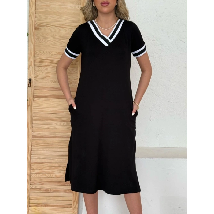 Kadın Kısa Kollu V Yaka Kol Ve Yaka Ribana Detay Midi Boy Viskon Elbise