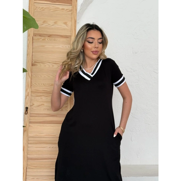 Kadın Kısa Kollu V Yaka Kol Ve Yaka Ribana Detay Midi Boy Viskon Elbise