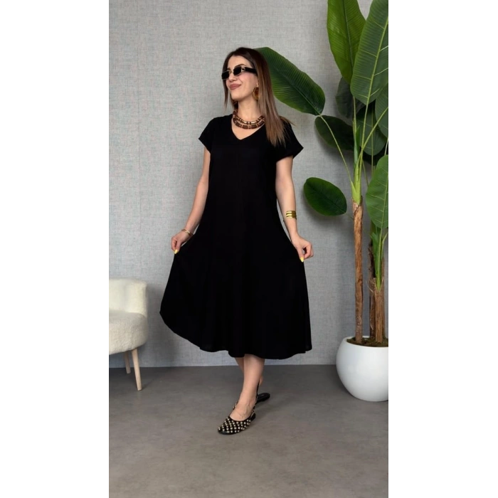 Kadın Kısa Kollu V Yaka Salaş Maxi Boy Elbise