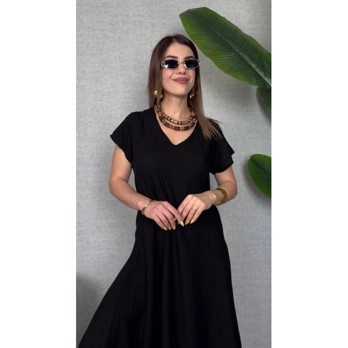 Kadın Kısa Kollu V Yaka Salaş Maxi Boy Elbise