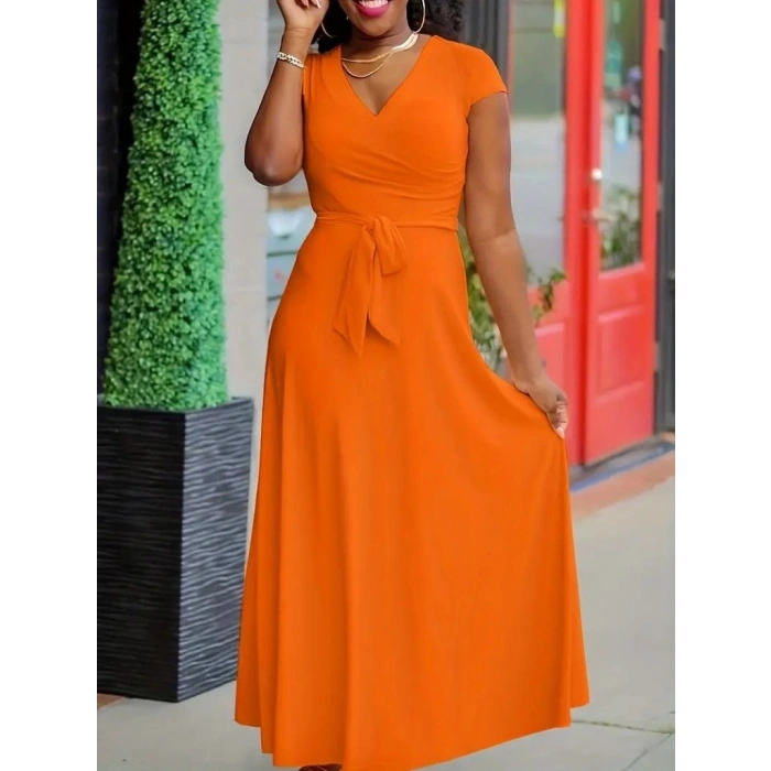 Kadın Kısa Kollu V Yakalı Belden Kuşaklı Maksi Boy Viskon Elbise