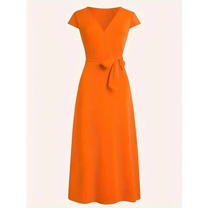 Kadın Kısa Kollu V Yakalı Belden Kuşaklı Maksi Boy Viskon Elbise