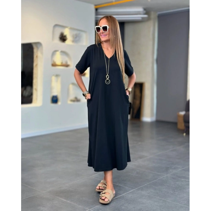 Kadın Kısa Kollu V Yakalı Cep Detaylı Uzun Viskon Iki Iplik Elbise