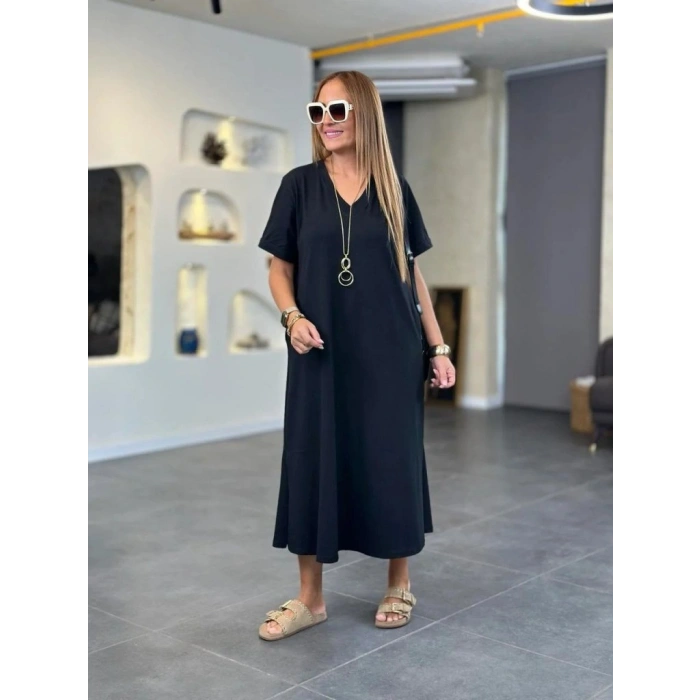 Kadın Kısa Kollu V Yakalı Cep Detaylı Uzun Viskon Iki Iplik Elbise