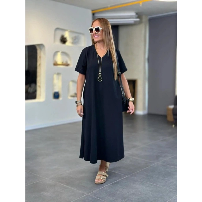 Kadın Kısa Kollu V Yakalı Cep Detaylı Uzun Viskon Iki Iplik Elbise