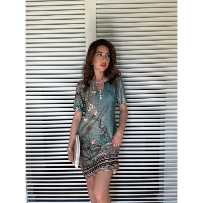 Kadın Kısa Kollu V Yakalı çiçek Baskılı Midi Süprem Elbise