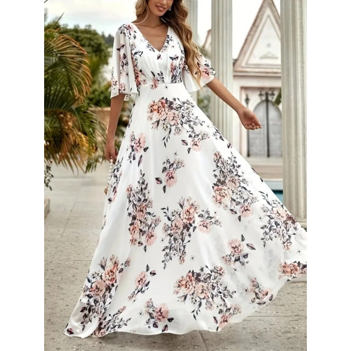 Kadın Kısa Kollu V Yakalı çiçek Desenli Süprem Elbise