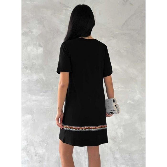 Kadın Kısa Kollu V Yakalı Etnik Desen şerit Detaylı Viskon Elbise