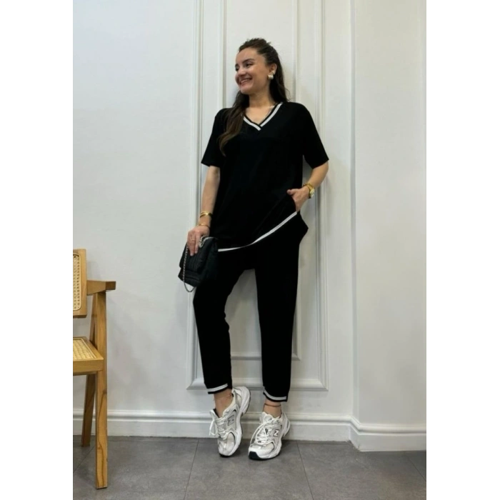 Kadın Kısa Kollu V Yakalı Iki Iplik Bluz Ve Pantolon Ikili Takım