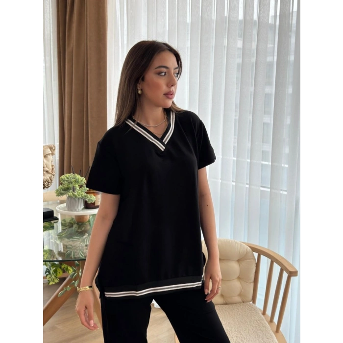 Kadın Kısa Kollu V Yakalı Iki Iplik Bluz Ve Pantolon Ikili Takım