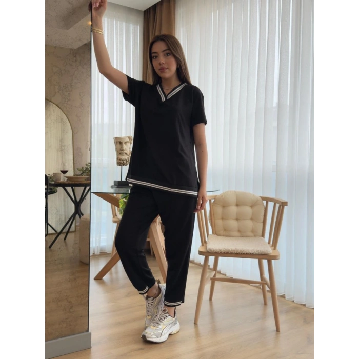 Kadın Kısa Kollu V Yakalı Iki Iplik Bluz Ve Pantolon Ikili Takım