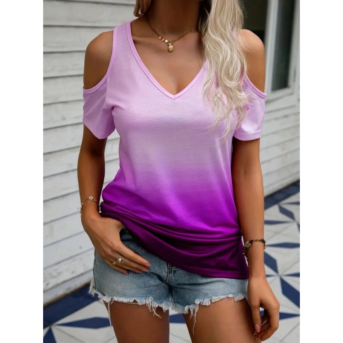 Kadın Kısa Kollu V Yakalı Iki Omuzu Açık Baskılı Süprem Bluz