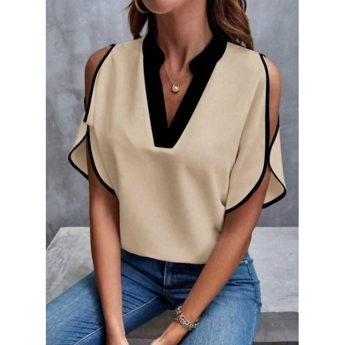 Kadın Kısa Kollu V Yakalı Ithal Krep Bluz