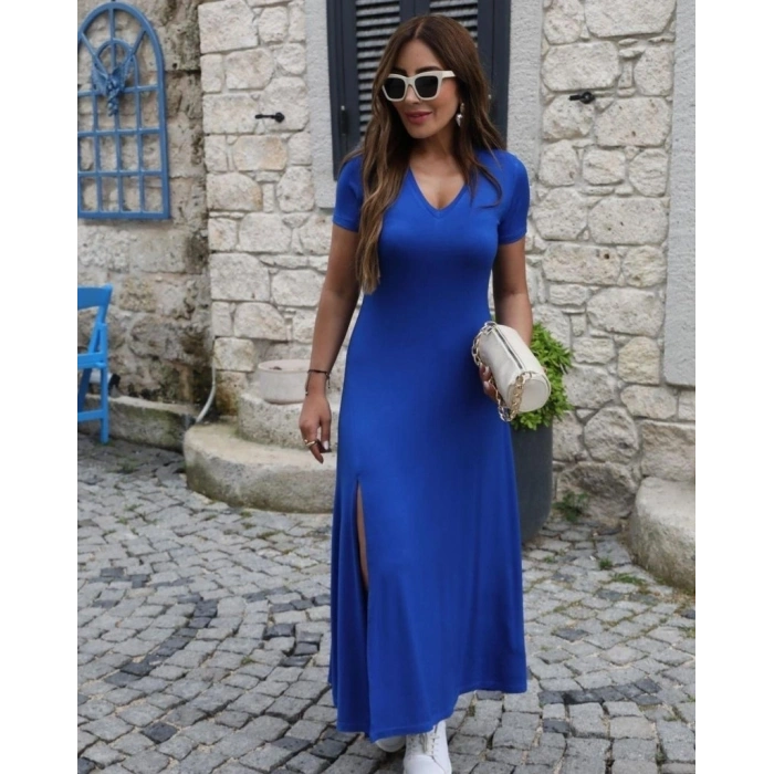 Kadın Kısa Kollu V Yakalı Maksi Boy Viskon Elbise