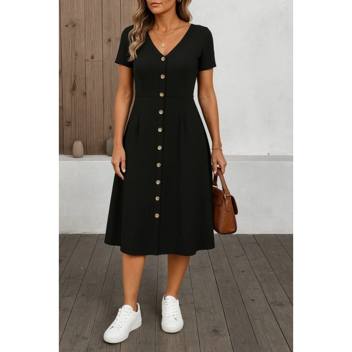 Kadın Kısa Kollu V Yakalı önden Düğmeli A Kesim Dokuma Elbise