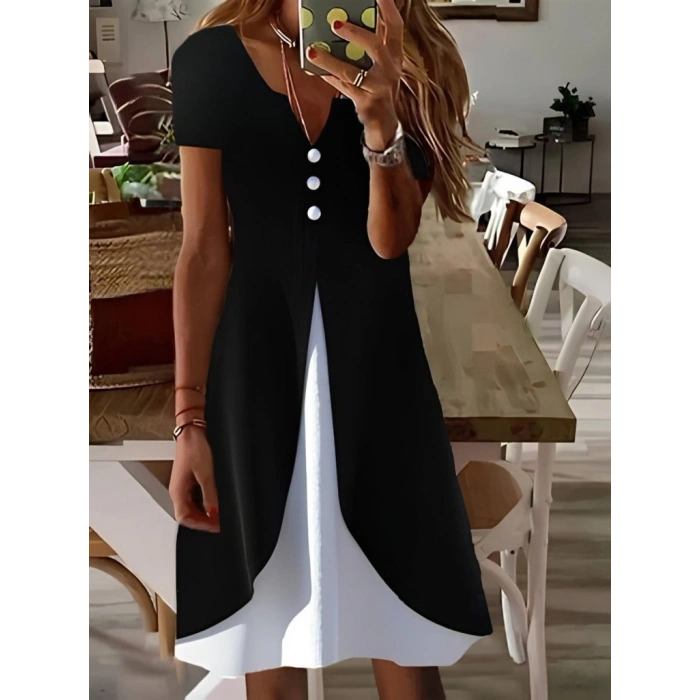 Kadın Kısa Kollu V Yakalı önden Düğmeli çift Renkli Viskon Elbise