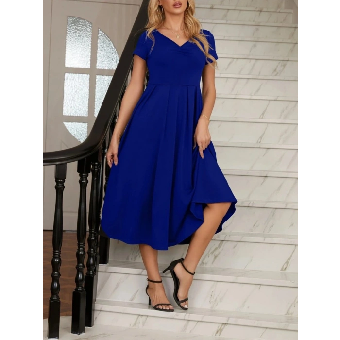 Kadın Kısa Kollu V Yakalı önden Pileli Midi Janjan Krep Elbise