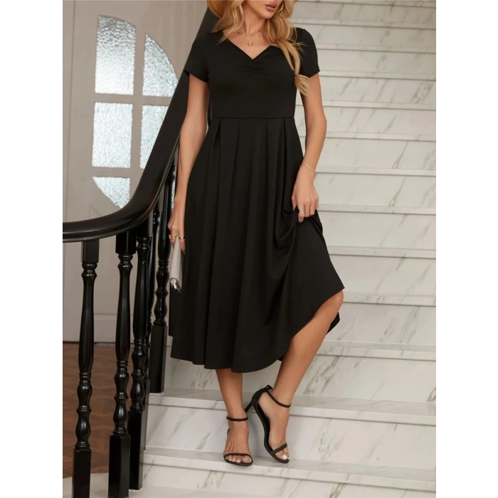 Kadın Kısa Kollu V Yakalı önden Pileli Midi Janjan Krep Elbise