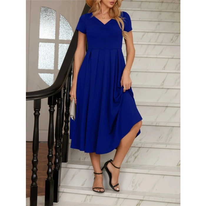 Kadın Kısa Kollu V Yakalı önden Pileli Midi Janjan Krep Elbise