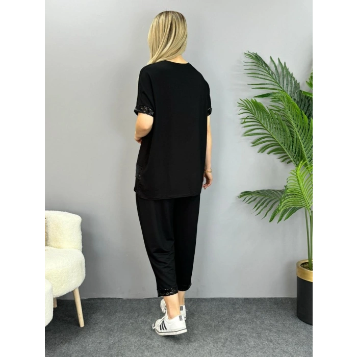 Kadın Kısa Kollu V Yakalı Pul Payetli Viskon Iki Iplik Bluz Ve Pantolon Ikili Takım