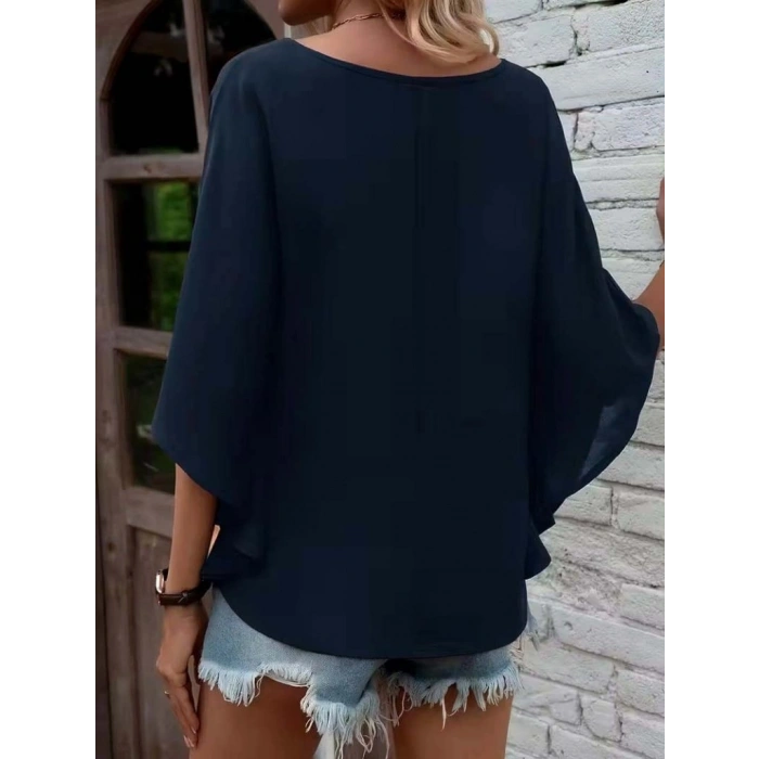Kadın Kısa Kollu V Yakalı Salaş Viskon Bluz