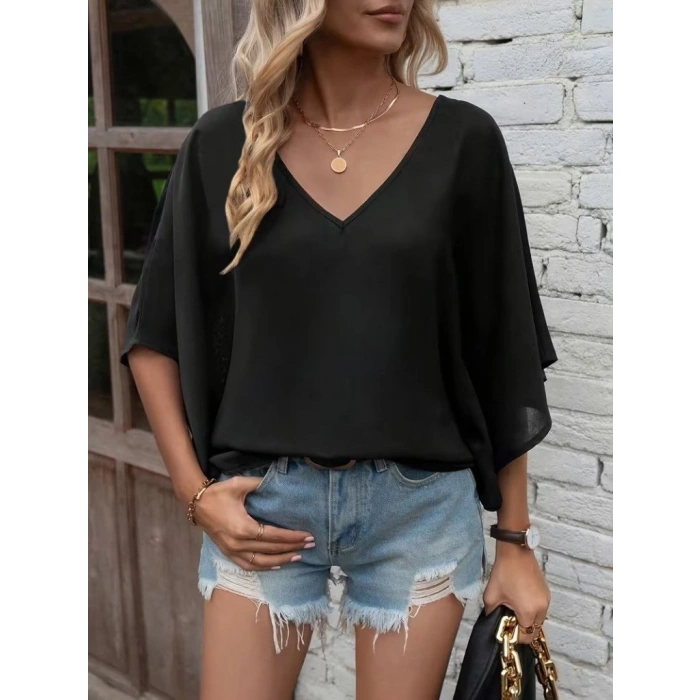 Kadın Kısa Kollu V Yakalı Salaş Viskon Bluz