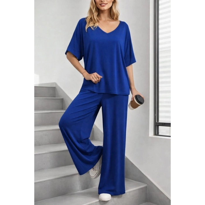 Kadın Kısa Kollu V Yakalı Viskon Bluz Ve Pantolon Ikili Takım