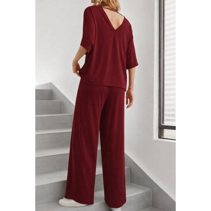 Kadın Kısa Kollu V Yakalı Viskon Bluz Ve Pantolon Ikili Takım
