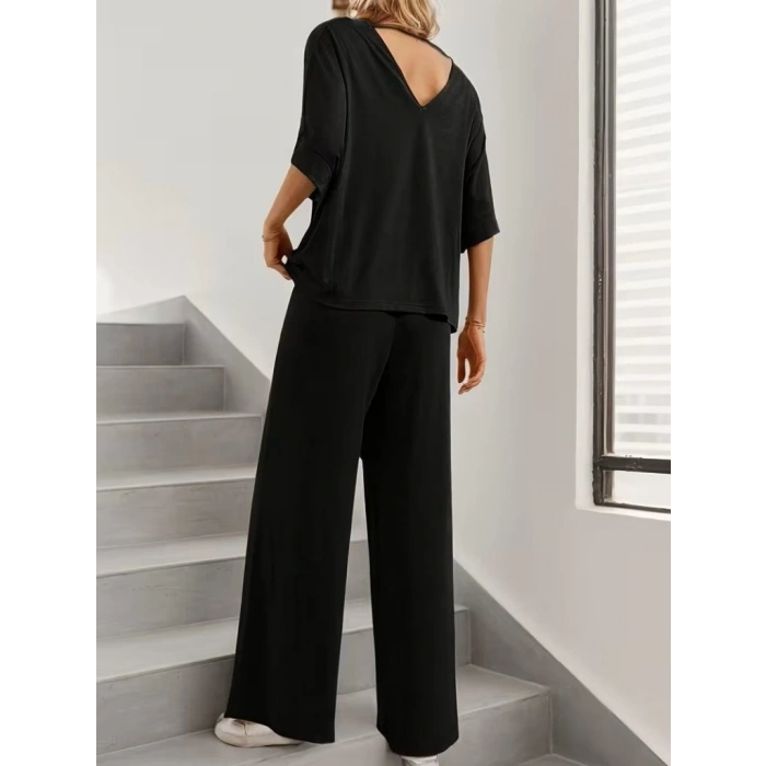 Kadın Kısa Kollu V Yakalı Viskon Bluz Ve Pantolon Ikili Takım