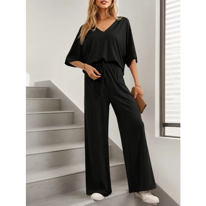 Kadın Kısa Kollu V Yakalı Viskon Bluz Ve Pantolon Ikili Takım