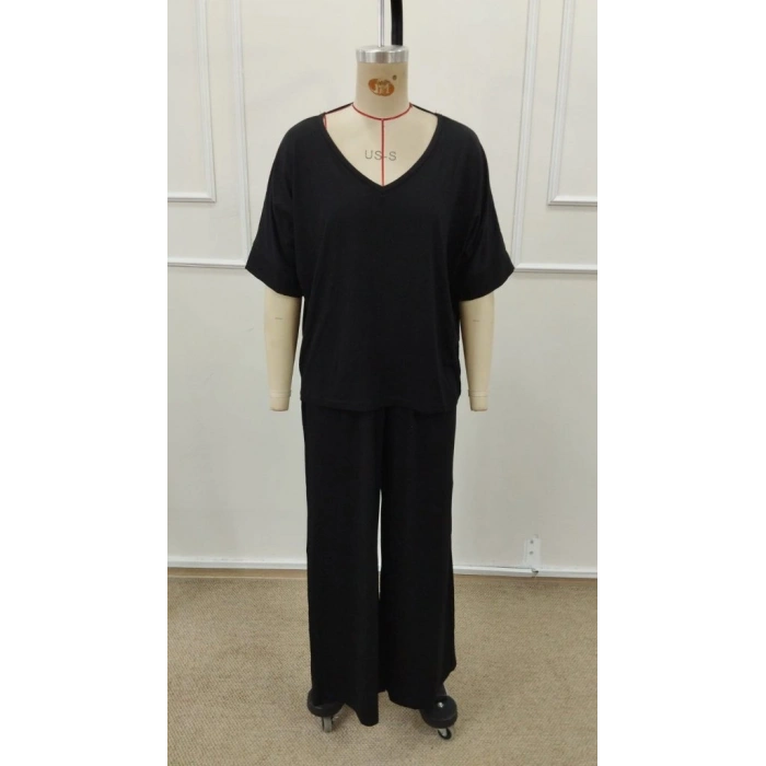 Kadın Kısa Kollu V Yakalı Viskon Bluz Ve Pantolon Ikili Takım