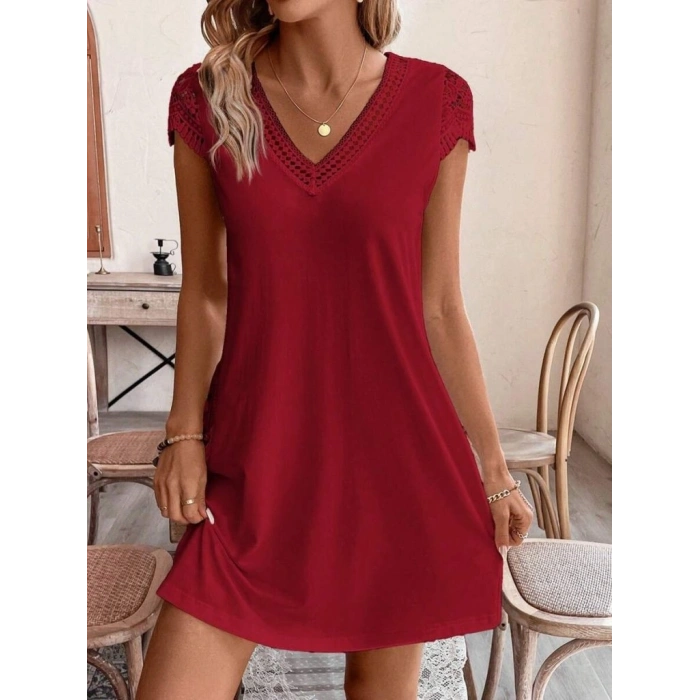 Kadın Kısa Kollu V Yakalı Viskon Elbise